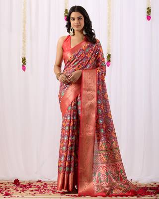 Red patola weaving lichi silk saree with broad border | hand-woven traditional patola saree with matching blouse 1