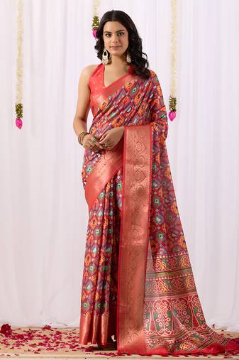 Red patola weaving lichi silk saree with broad border | hand-woven traditional patola saree with matching blouse