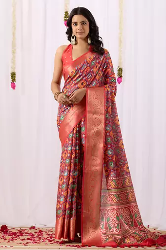 Red patola weaving lichi silk saree with broad border | hand-woven traditional patola saree with matching blouse