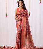Red patola weaving lichi silk saree with broad border | hand-woven traditional patola saree with matching blouse