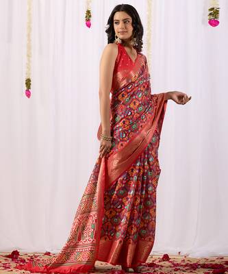 Red patola weaving lichi silk saree with broad border | hand-woven traditional patola saree with matching blouse 2