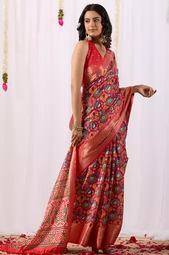 Red patola weaving lichi silk saree with broad border | hand-woven traditional patola saree with matching blouse