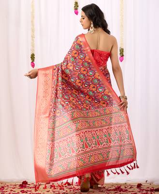 Red patola weaving lichi silk saree with broad border | hand-woven traditional patola saree with matching blouse 4