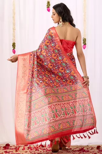 Red patola weaving lichi silk saree with broad border | hand-woven traditional patola saree with matching blouse