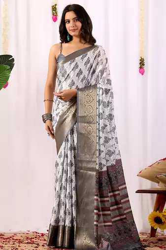 White soft lichi silk saree with intricate ethnic motifs & rich zari woven border | designer contrast blouse