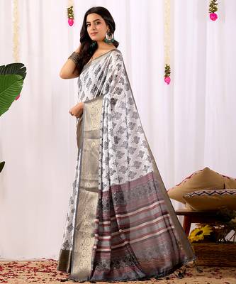 White soft lichi silk saree with intricate ethnic motifs & rich zari woven border | designer contrast blouse 2