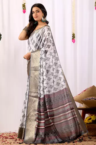 White soft lichi silk saree with intricate ethnic motifs & rich zari woven border | designer contrast blouse