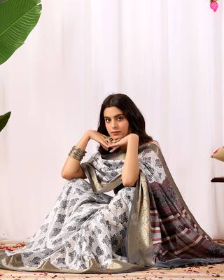 White soft lichi silk saree with intricate ethnic motifs & rich zari woven border | designer contrast blouse 3