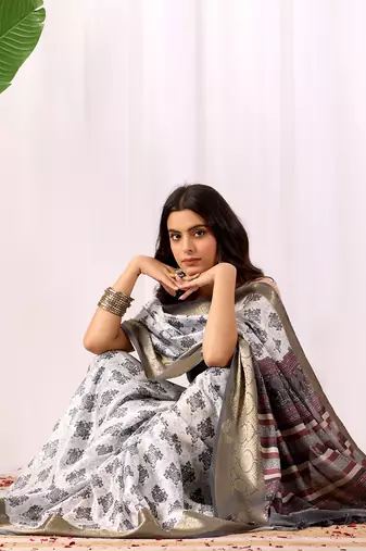 White soft lichi silk saree with intricate ethnic motifs & rich zari woven border | designer contrast blouse