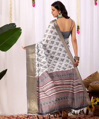 White soft lichi silk saree with intricate ethnic motifs & rich zari woven border | designer contrast blouse 4