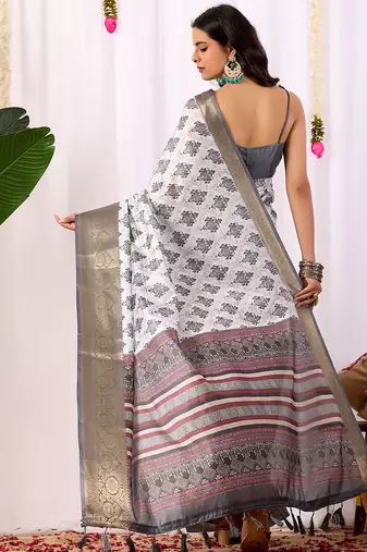 White soft lichi silk saree with intricate ethnic motifs & rich zari woven border | designer contrast blouse