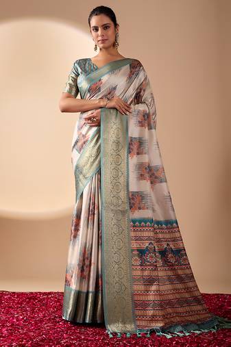 Beige soft lichi silk blend saree with traditional motifs, zari woven border & designer pallu