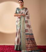 Beige soft lichi silk blend saree with traditional motifs, zari woven border & designer pallu