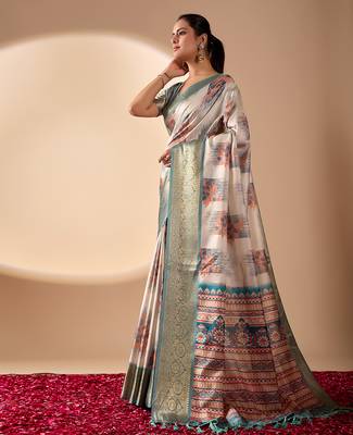 Beige soft lichi silk blend saree with traditional motifs, zari woven border & designer pallu 2