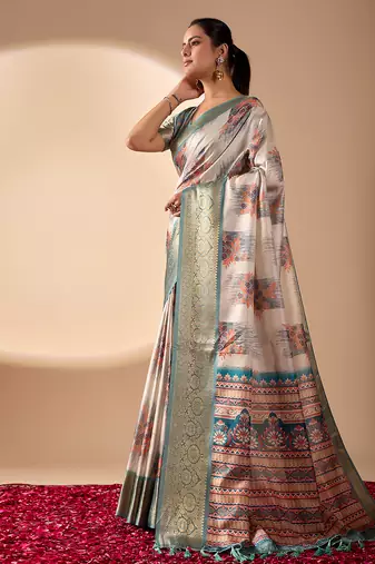 Beige soft lichi silk blend saree with traditional motifs, zari woven border & designer pallu