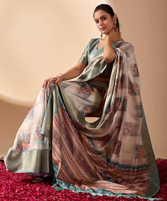 Beige soft lichi silk blend saree with traditional motifs, zari woven border & designer pallu 3