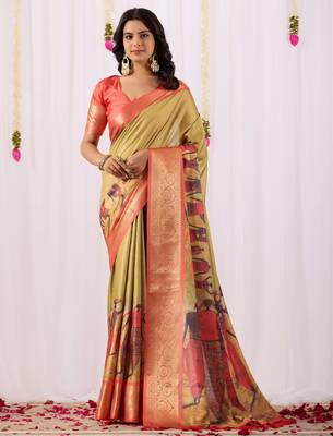 Olive printed soft lichi silk saree with zari weaving border | traditional designer saree with blouse 1
