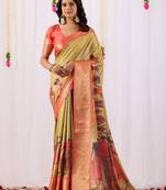 Olive printed soft lichi silk saree with zari weaving border | traditional designer saree with blouse