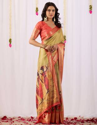 Olive printed soft lichi silk saree with zari weaving border | traditional designer saree with blouse 2