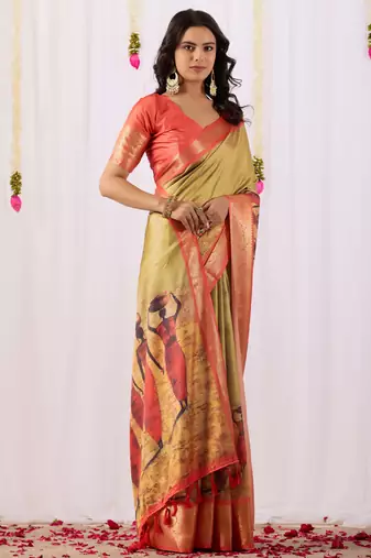 Olive printed soft lichi silk saree with zari weaving border | traditional designer saree with blouse