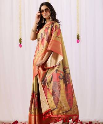 Olive printed soft lichi silk saree with zari weaving border | traditional designer saree with blouse 3