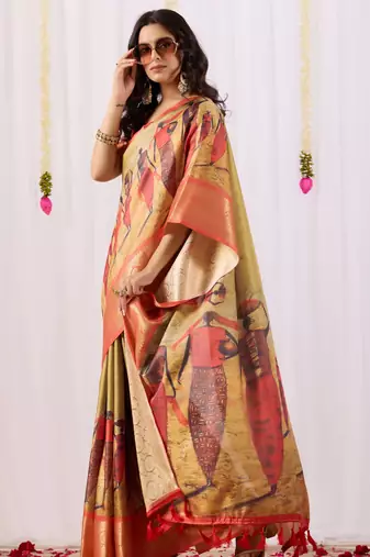 Olive printed soft lichi silk saree with zari weaving border | traditional designer saree with blouse