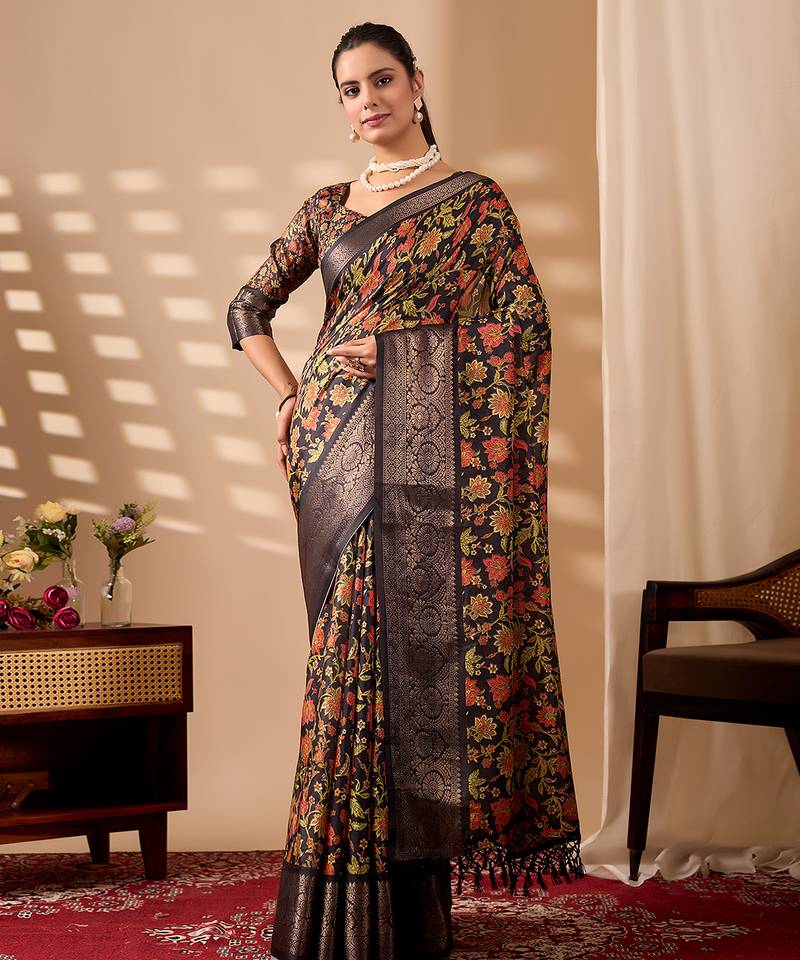Black soft lichi silk digital floral saree with zari woven border | traditional banarasi silk saree with blouse piece