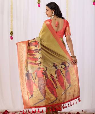 Olive printed soft lichi silk saree with zari weaving border | traditional designer saree with blouse 4