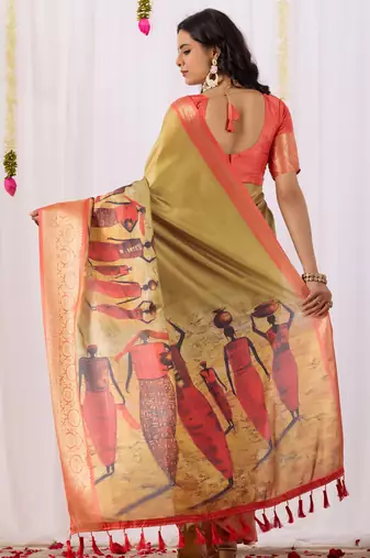 Olive printed soft lichi silk saree with zari weaving border | traditional designer saree with blouse