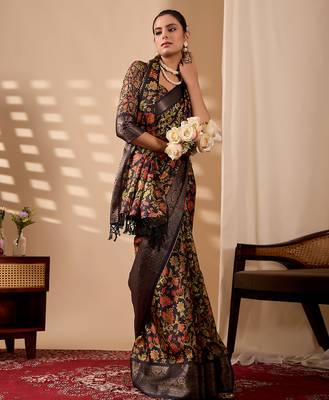 Black soft lichi silk digital floral saree with zari woven border | traditional banarasi silk saree with blouse piece 2