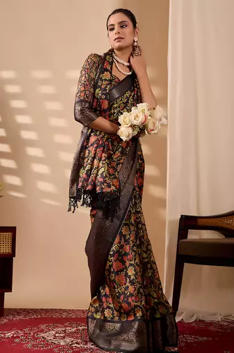 Black soft lichi silk digital floral saree with zari woven border | traditional banarasi silk saree with blouse piece