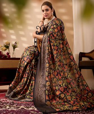 Black soft lichi silk digital floral saree with zari woven border | traditional banarasi silk saree with blouse piece 3