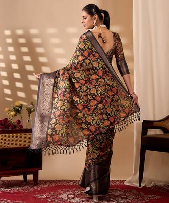 Black soft lichi silk digital floral saree with zari woven border | traditional banarasi silk saree with blouse piece 4