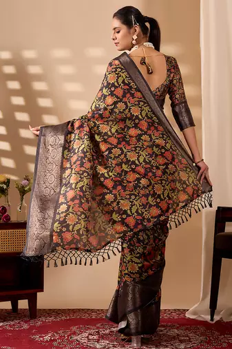 Black soft lichi silk digital floral saree with zari woven border | traditional banarasi silk saree with blouse piece