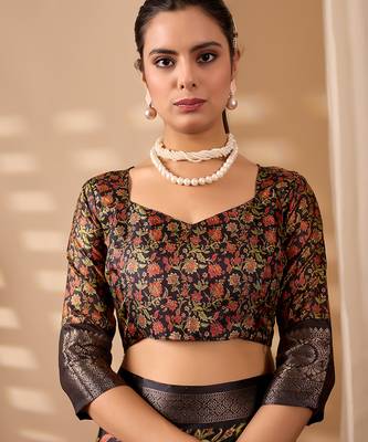 Black soft lichi silk digital floral saree with zari woven border | traditional banarasi silk saree with blouse piece 5