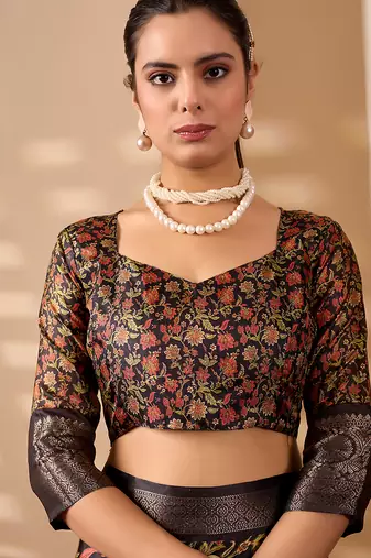 Black soft lichi silk digital floral saree with zari woven border | traditional banarasi silk saree with blouse piece