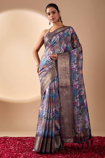 Grey lichi silk saree with digital floral print & zari woven border | designer fancy saree with contrast blouse
