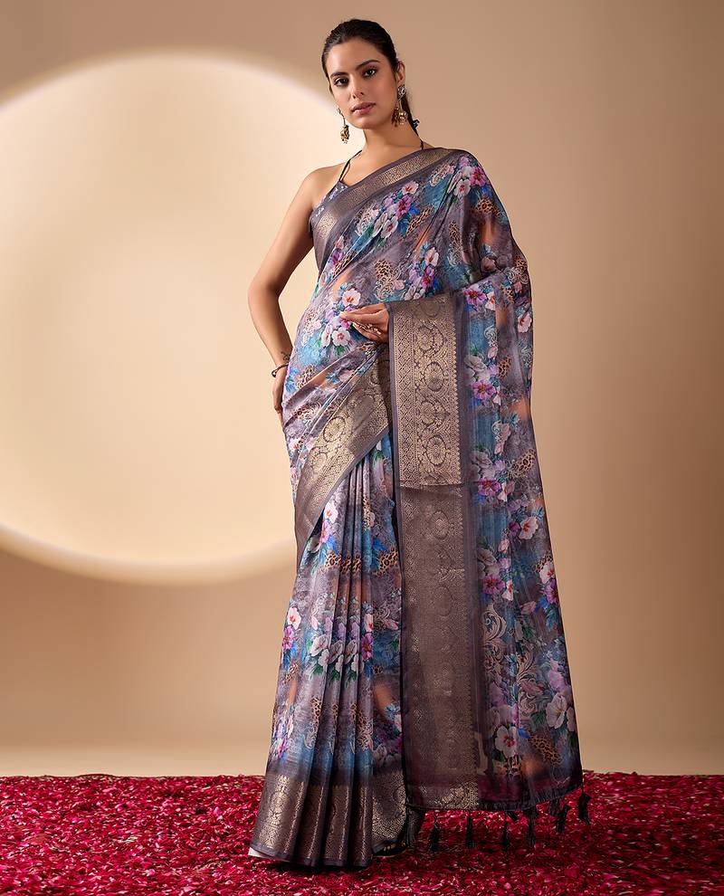 Grey lichi silk saree with digital floral print & zari woven border | designer fancy saree with contrast blouse