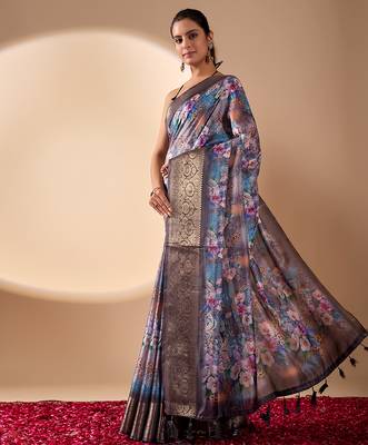 Grey lichi silk saree with digital floral print & zari woven border | designer fancy saree with contrast blouse 2