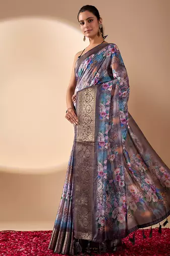 Grey lichi silk saree with digital floral print & zari woven border | designer fancy saree with contrast blouse