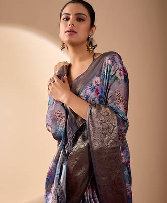 Grey lichi silk saree with digital floral print & zari woven border | designer fancy saree with contrast blouse 3