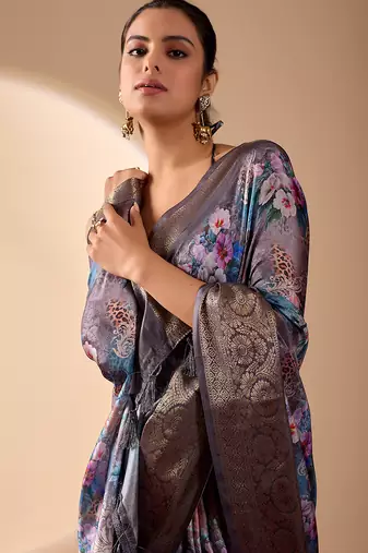 Grey lichi silk saree with digital floral print & zari woven border | designer fancy saree with contrast blouse