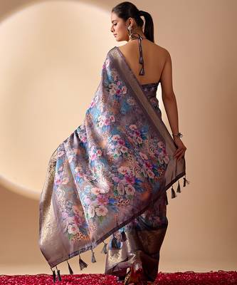 Grey lichi silk saree with digital floral print & zari woven border | designer fancy saree with contrast blouse 4