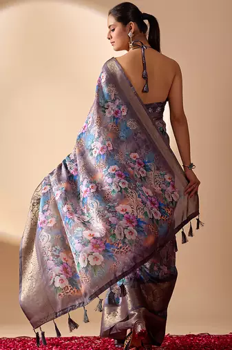 Grey lichi silk saree with digital floral print & zari woven border | designer fancy saree with contrast blouse