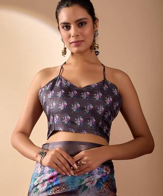Grey lichi silk saree with digital floral print & zari woven border | designer fancy saree with contrast blouse 5