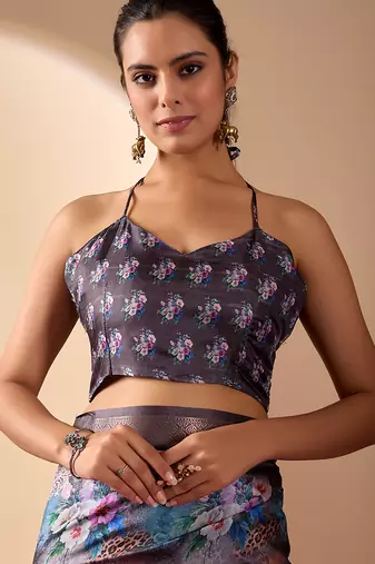 Grey lichi silk saree with digital floral print & zari woven border | designer fancy saree with contrast blouse