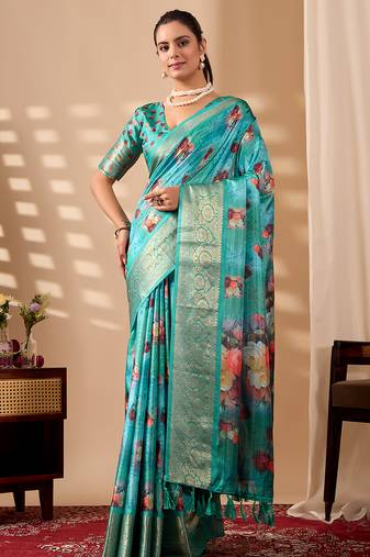 Aqua lichi silk digital floral printed saree with rich zari border – designer banarasi silk saree with blouse