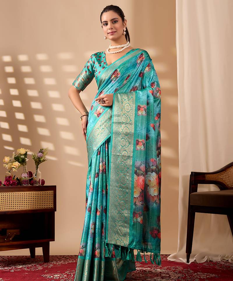 Aqua lichi silk digital floral printed saree with rich zari border – designer banarasi silk saree with blouse