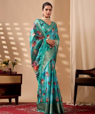 Aqua lichi silk digital floral printed saree with rich zari border – designer banarasi silk saree with blouse 2