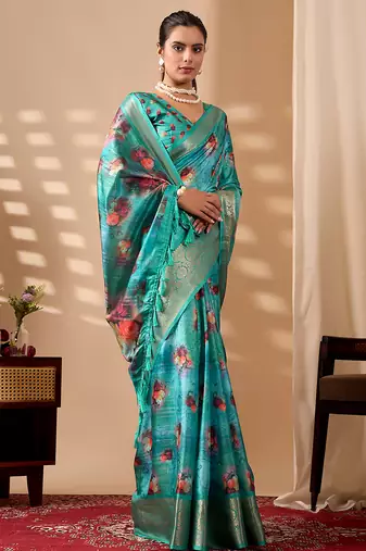 Aqua lichi silk digital floral printed saree with rich zari border – designer banarasi silk saree with blouse